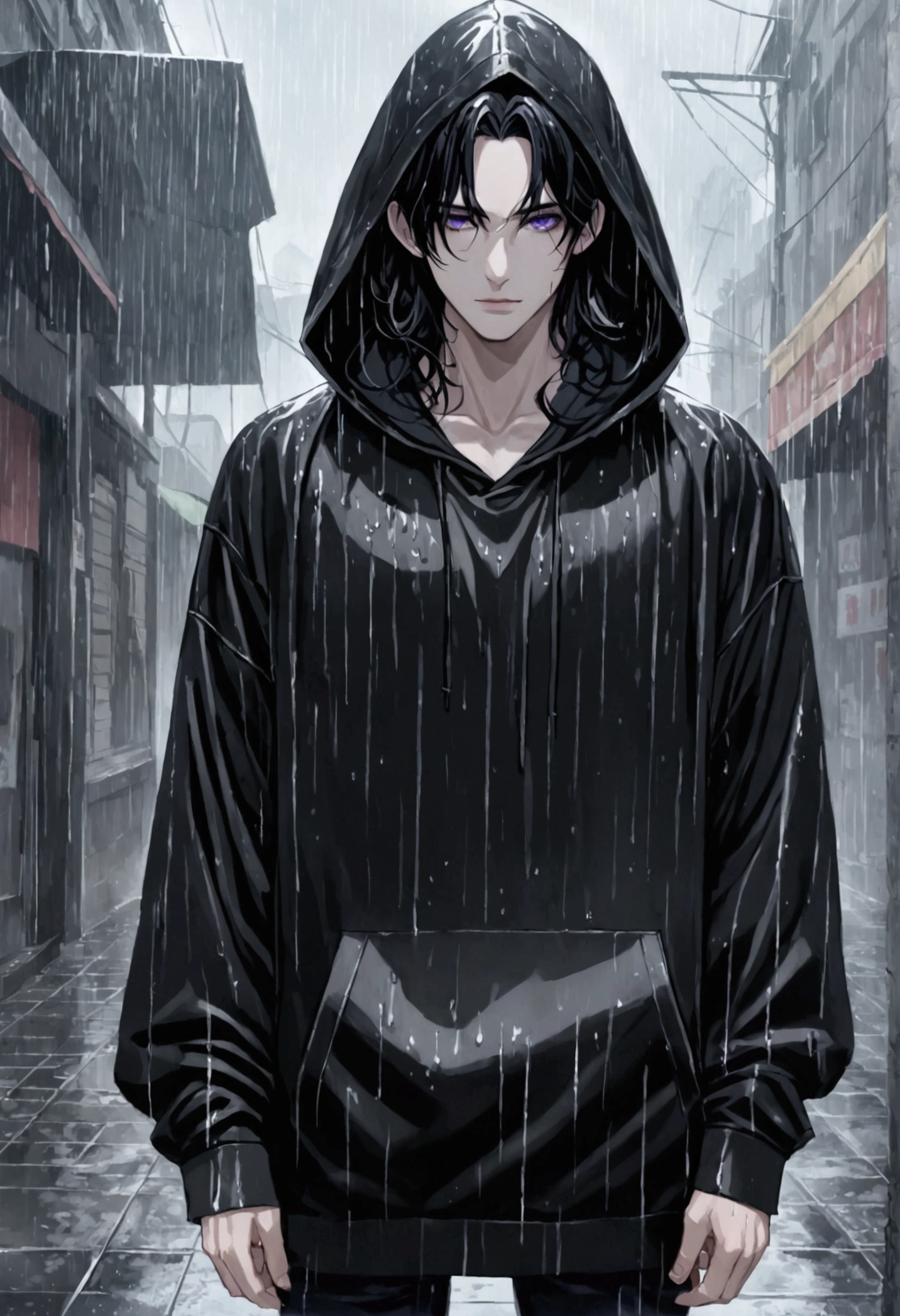 1 guy, black hair slightly curled, oversized black hoodie, pale white skin, purple eyes, hot, cool, standing in the rain