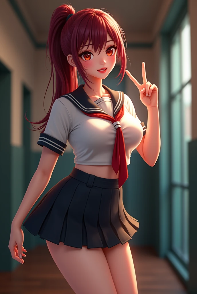 a school girl with big breasts, dark red hair in a ponytail, panty flash, peace sign, mini skirt, realistic, high quality, 8k, hyper detailed, photorealistic, studio lighting, dynamic lighting, vibrant colors, beautiful detailed face, extremely detailed eyes and lips, beautiful flowing hair, delicate facial features, elegant pose, intricate uniform details, dynamic action, dramatic shadows, glowing skin, cinematic framing, professional photography style