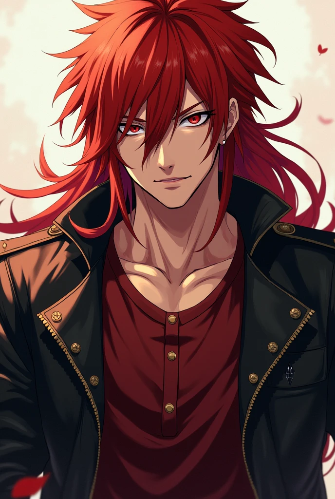 Anime character similar to Arifureta with almond-shaped eyes, full lips, a delicate nose, and well-defined muscles. Long, fiery red hair, a soft yet profound gaze with a hint of ironic humor. A confident posture, often seen in a leather jacket over a burgundy shirt.