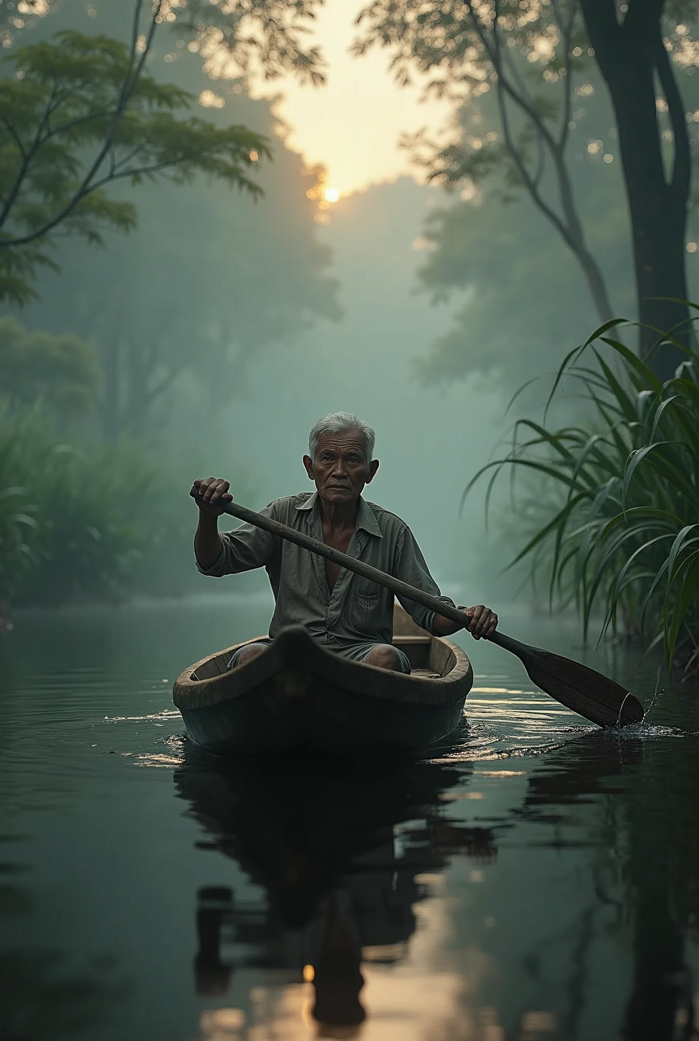 ( photo realism 1.2) photo realistic high detailed old Malay male at swamp paddling dugout canoe cinematic view dramatic view morning mode fogs effect pandanus tree sunlight effect view of TASIK Bera black water lepironia articulate pandanus helicopus perahu jalur