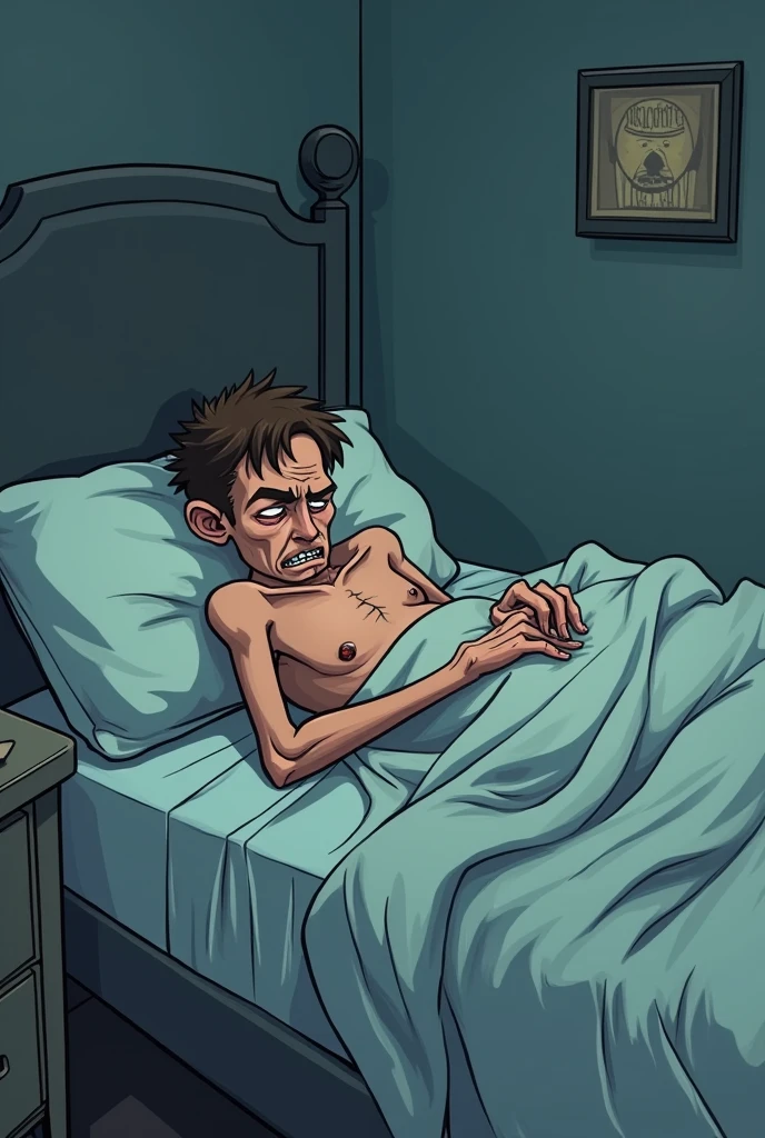 One anxious man cartoon with emaciated body and very low weight and insomnia face sleeping on bed 