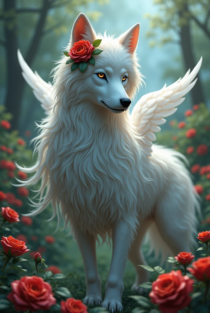 A wolf-demi with gray-white hair, blue eyes, white wings and a rose in her hair and rose bushes in the background