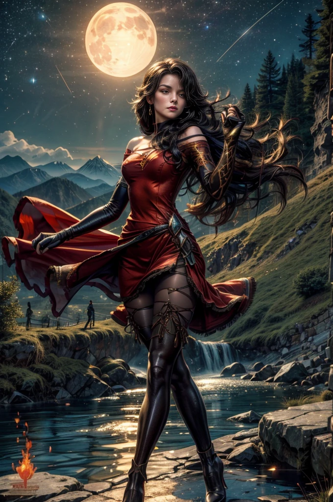 (masterpiece, best quality:1.2), cowboy shot, solo, 1girl, cinder fall, looking at viewer, long hair, red dress, elbow gloves, pantyhose, dynamic pose, holding flames, near village, on hillside, mountains in distance, waterfall, crowd, night, stars, moon (volumetric lighting), sharp focus, hyper detailed