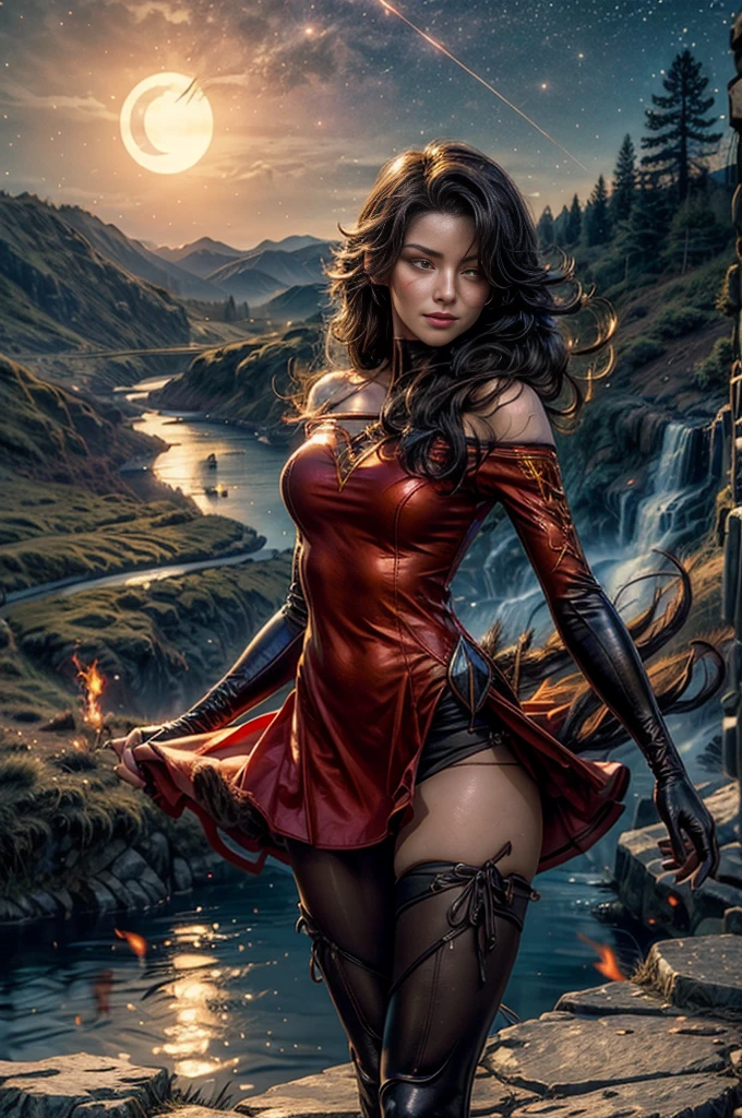 (masterpiece, best quality:1.2), cowboy shot, solo, 1girl, cinder fall, looking at viewer, long hair, red dress, elbow gloves, pantyhose, dynamic pose, holding flames, near village, on hillside, mountains in distance, waterfall, crowd, night, stars, moon (volumetric lighting), sharp focus, hyper detailed