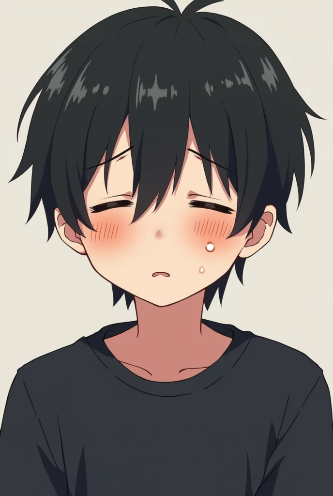 Male anime cartoon character, cute, black hair, black sweatshirt, sad eyes closed, and mouth expression of disappointment and tears, emotion of sadness.