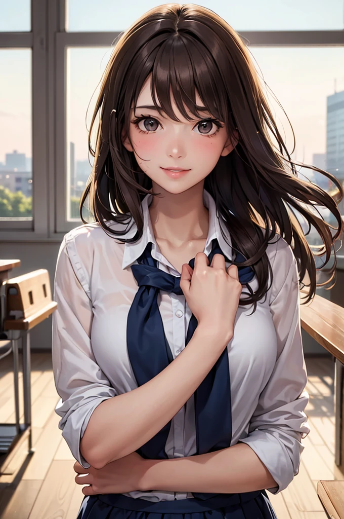 Best Quality,High resolution,8k,finelity detailed background,Masterpiece:1.2),beautiful girl,Shiny brown hair,messy hair,Brown eyes,Gentle look,A refreshing look,smile,Best quality,Best Quality,Aesthetic and aesthetic:1.2,Best details((Super detailed))(High-definition CG illustrations),summer uniform,Slender body,School,In the classroom,smile,blush,cute,Scrounge,Looking up,Being spoiled,super model