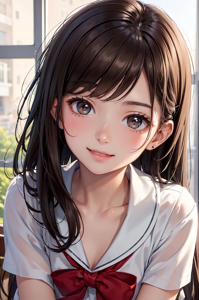 Best Quality,High resolution,8k,finelity detailed background,Masterpiece:1.2),beautiful girl,Shiny brown hair,messy hair,Brown eyes,Gentle look,A refreshing look,smile,Best quality,Best Quality,Aesthetic and aesthetic:1.2,Best details((Super detailed))(High-definition CG illustrations),summer uniform,Slender body,School,In the classroom,smile,blush,cute,Scrounge,Looking up,Being spoiled,super model