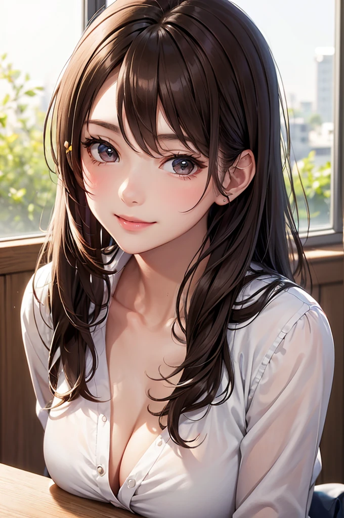 Best Quality,High resolution,8k,finelity detailed background,Masterpiece:1.2),beautiful girl,Shiny brown hair,messy hair,Brown eyes,Gentle look,A refreshing look,smile,Best quality,Best Quality,Aesthetic and aesthetic:1.2,Best details((Super detailed))(High-definition CG illustrations),summer uniform,Slender body,School,In the classroom,smile,blush,cute,Scrounge,Looking up,Being spoiled,super model