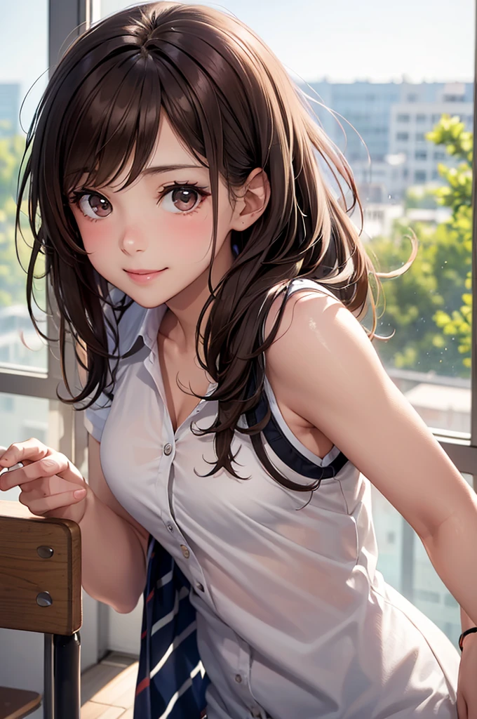 Best Quality,High resolution,8k,finelity detailed background,Masterpiece:1.2),beautiful girl,Shiny brown hair,messy hair,Brown eyes,Gentle look,A refreshing look,smile,Best quality,Best Quality,Aesthetic and aesthetic:1.2,Best details((Super detailed))(High-definition CG illustrations),summer uniform,Slender body,School,In the classroom,smile,blush,cute,Scrounge,Looking up,Being spoiled,super model