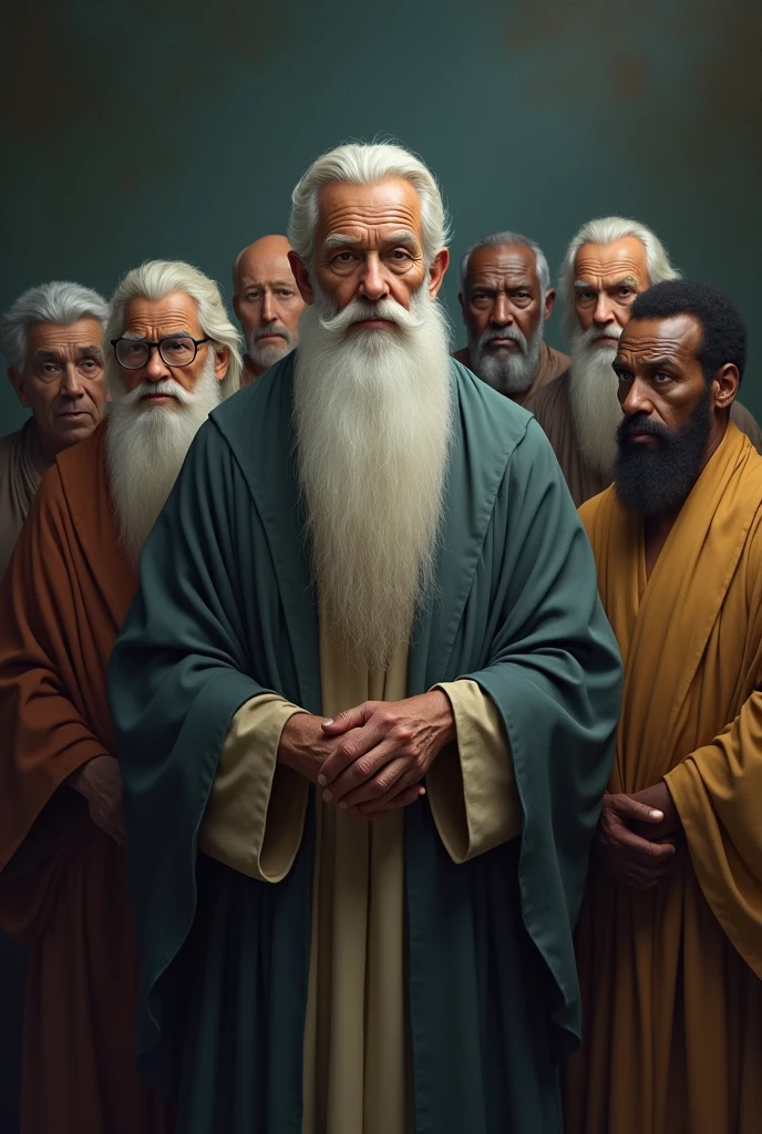 Seven wise elders, representing different ethnicities, are arranged in a harmonious semicircle. Three of these wise men are elderly women, while among men, one is black and the other is Asian. Their serene expressions reflect the cultural diversity and the profound wisdom acquired throughout their lives.. At the center, a man with a mysterious and charming appearance stands out, his long, well-groomed white beard and his face marked by wrinkles that tell stories of vast knowledge. Her clear eyes emanate an almost mystical serenity, as if they were hiding the secrets of the universe. All are dressed in simple robes, mas elegantes, that accentuate its aura of mystery and wisdom. The background is enigmatic, evoking an atmosphere of mystery and depth, suggesting a place where ancestral knowledge is carefully preserved and transmitted.

Remember that there should be seven characters
