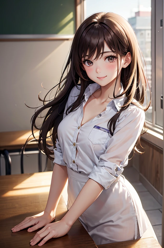 Best Quality,High resolution,8k,finelity detailed background,Masterpiece:1.2),beautiful girl,Shiny brown hair,messy hair,Brown eyes,Gentle look,A refreshing look,smile,Best quality,Best Quality,Aesthetic and aesthetic:1.2,Best details((Super detailed))(High-definition CG illustrations),summer uniform,Slender body,School,In the classroom,smile,blush,cute,Scrounge,Looking up,Being spoiled,super model