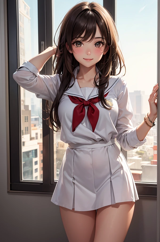 Best Quality,High resolution,8k,finelity detailed background,Masterpiece:1.2),beautiful girl,Shiny brown hair,messy hair,Brown eyes,Gentle look,A refreshing look,smile,Best quality,Best Quality,Aesthetic and aesthetic:1.2,Best details((Super detailed))(High-definition CG illustrations),summer uniform,Slender body,School,In the classroom,smile,blush,cute,Scrounge,Looking up,Being spoiled,super model