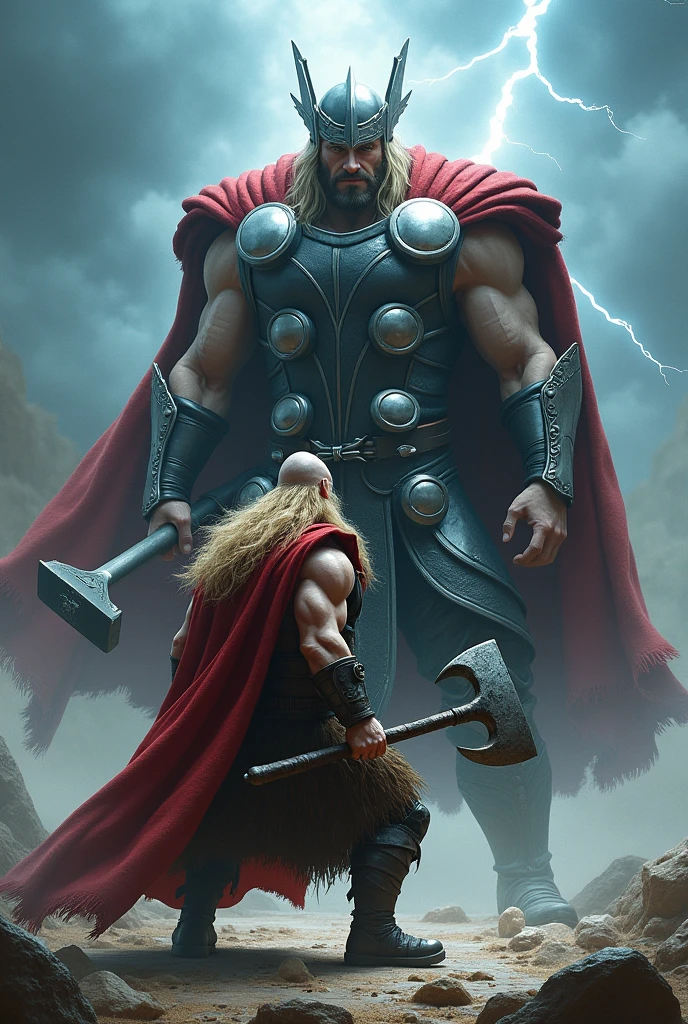 Dwarf warrior facing Thor, God of Norse mythology, hammer and sickle