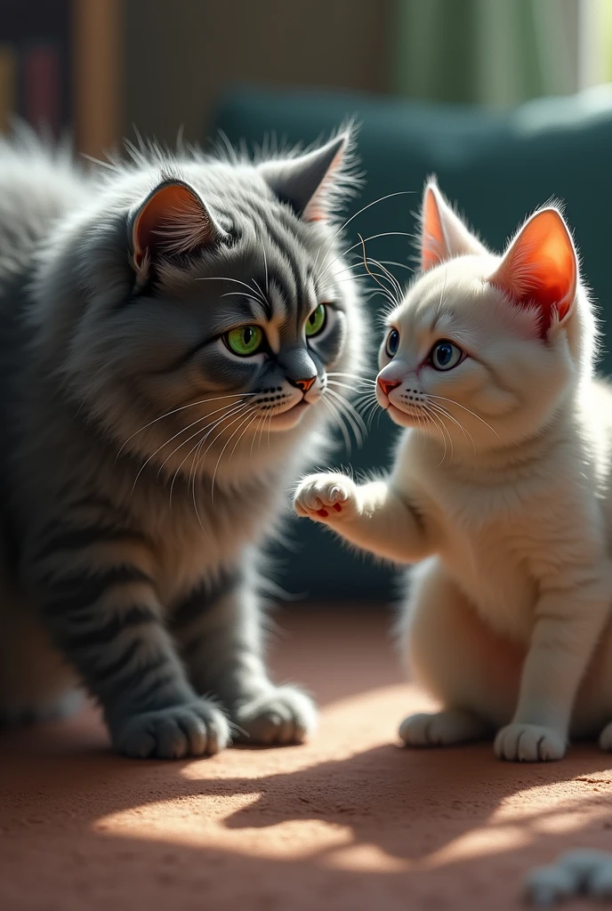 Make a fluffy gray cat with green eyes and a white goatee swat a Siamese cat with short fur and gray eyes.