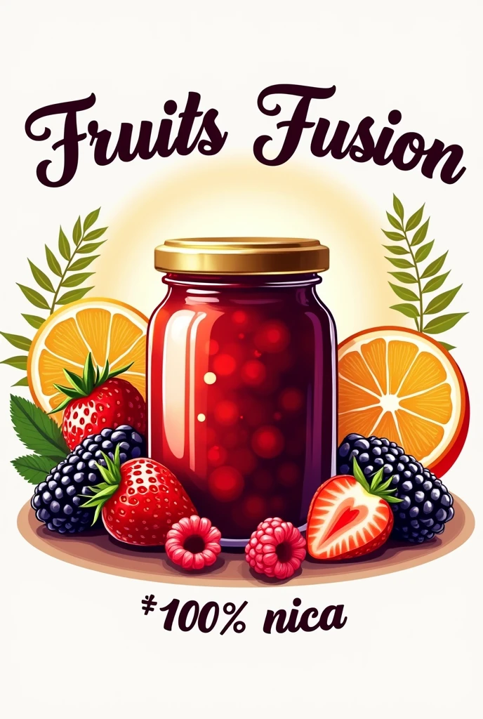 Logo for a jam business, with a jar in the center and various fruits in the background, the name Fruits Fusion and below that it is %100 nica