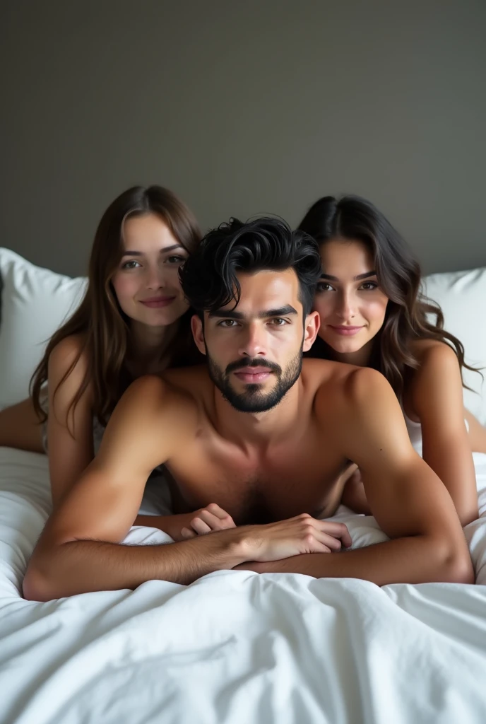 Realistic 4k image of a 30-year-old man, black wavy hair, haircut 7 with marked beard lying on a stylish bed with 3 women and him in the middle, The girls are very beautiful and young, 18 years old, photo taken from the front of the white bed, The man has slightly fair skin, features showing towards the camera., (realista 4k), Instagram photo, textured skin