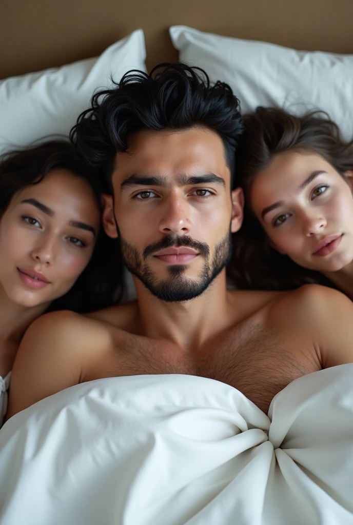 Realistic 4k image of a 30-year-old man, black wavy hair, haircut 7 with marked beard lying on a stylish bed with 3 women and him in the middle, The girls are very beautiful and young, 18 years old, photo taken from the front of the white bed, The man has slightly fair skin, features showing towards the camera., (realista 4k), Instagram photo, textured skin
