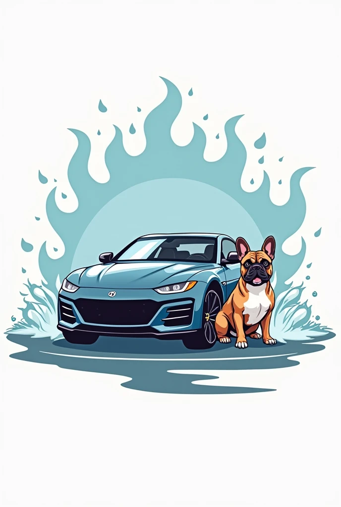 Create a formal logo for a car wash, using a car with foam and water and a black French bulldog sitting to the side of the car