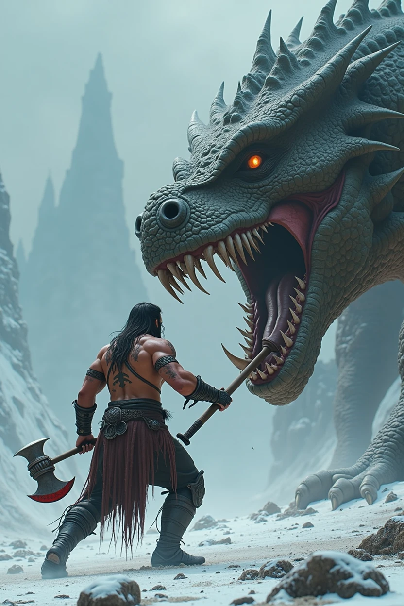 A large muscular barbarian image, with battle scars on his body, tribal tattoos, metal necklaces and gauntlets, a metal belt over leather pants and animal skin, wielding a large two-handed axe, style from the game Diablo, with the blood-stained blades in a combat position, fighting a large red dragon, with iron eyes, a terrifying appearance with its mouth open exposing its enormous fangs, covered with a plate of scales and pretuberant spine, its appearance must be the same as the dragon's virceres game of thrones, in a setting of desolation and war amidst the snow Fantasy style, magical, spectacular, realism, game of thrones, cinema, game, live action. 8k resolution, high definition.
