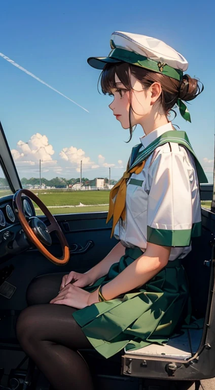 (masterpiece,Highest quality),One person,rivet pro gear,Single hair bun,Hair Ribbon,Have,Green hat,Seraphim,uniform,school uniform,skirt,pantyhose,Sailor collar,Orange tie,green uniform,green skirt,Sitting,Side view,biplane cockpit,Bruises, Brown eyes,Brown Hair, 