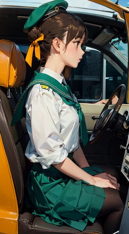 (masterpiece,Highest quality),One person,rivet pro gear,Single hair bun,Hair Ribbon,Have,Green hat,Seraphim,uniform,school uniform,skirt,pantyhose,Sailor collar,Orange tie,green uniform,green skirt,Sitting,Side view,biplane cockpit,Bruises, Brown eyes,Brown Hair,