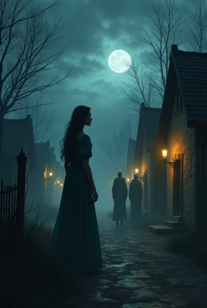 "A haunting scene of the village at dusk. Strange shadows and eerie lights flicker around the homes of the three men. The air is thick with an ominous presence, as if the village itself is holding its breath. In the distance, the figure of the princess, now with a determined and vengeful expression, watches from the shadows."