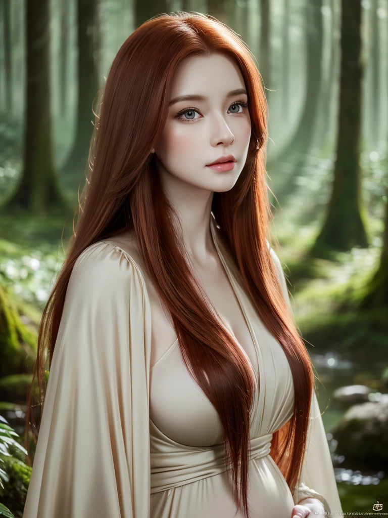 a beautiful redheaded pregnant asian girl, long very silky hair, elegant elf dress, dense forest, no sunlight, detailed face and eyes, very big tits (best quality,4k,8k,highres,masterpiece:1.2),ultra-detailed,(realistic,photorealistic,photo-realistic:1.37),magical fantasy atmosphere,fantasy,concept art