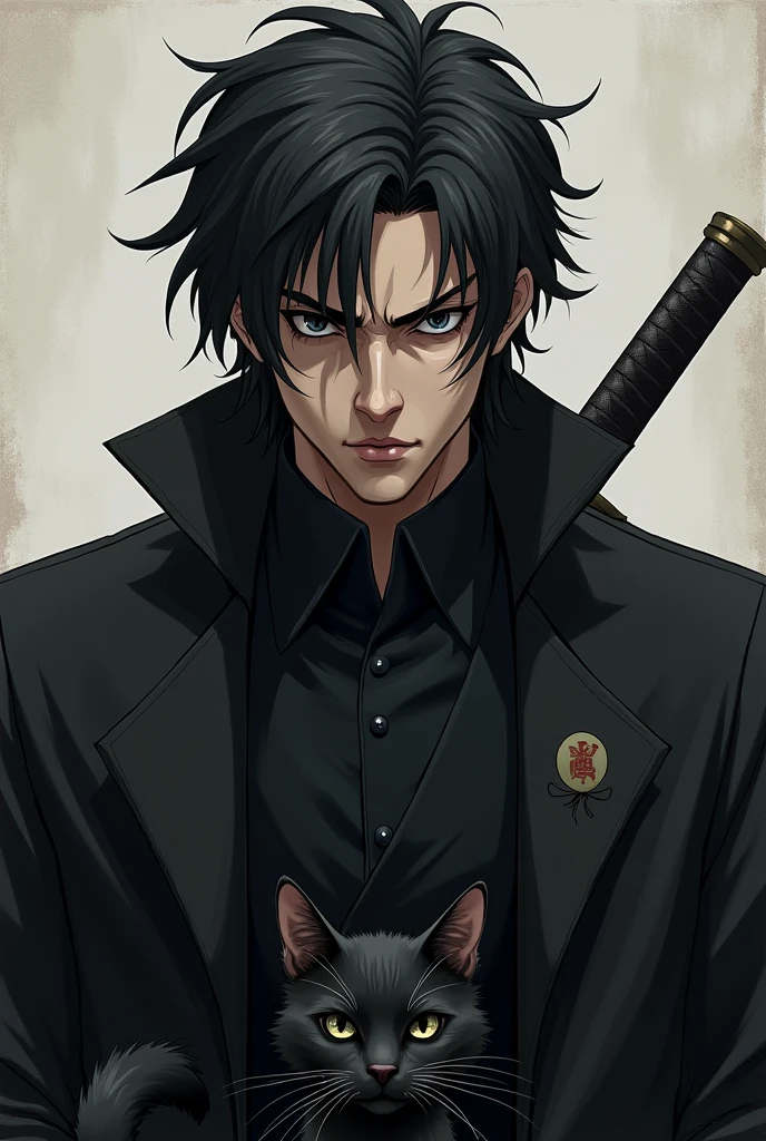 A man with messy black hair, mature face, mole under his left eye, eyes with dark pupils (completely) wearing a black suit, he uses a sword, and has a black cat. make anime style.