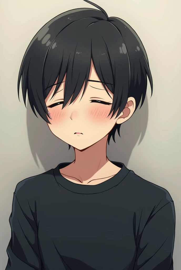 Male anime cartoon character, cute, black hair, black sweatshirt, sad eyes closed, and mouth expression of disappointment and tears, emotion of sadness.