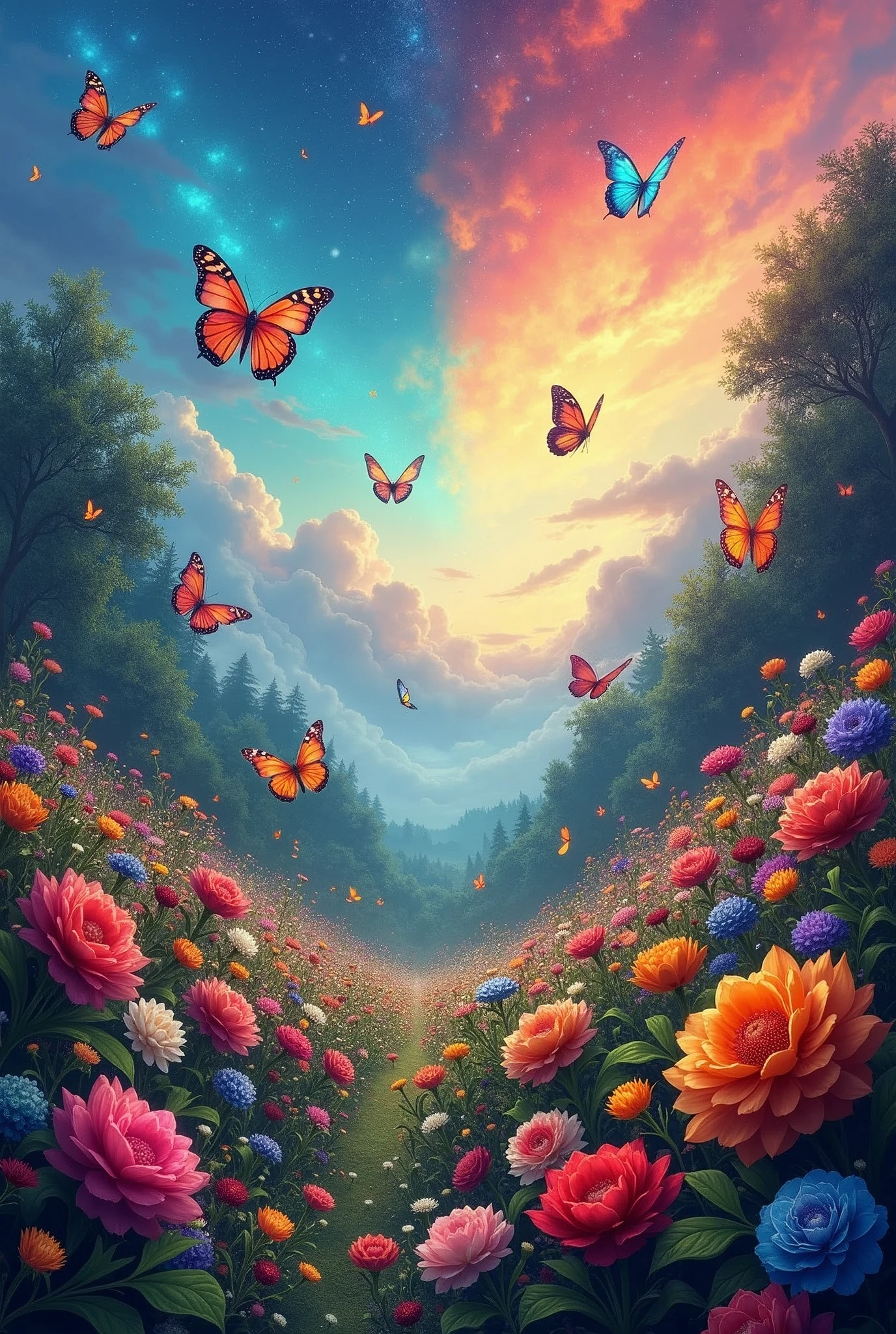 Colourful sky, colourful flower garden,colourful butterflies at night and day