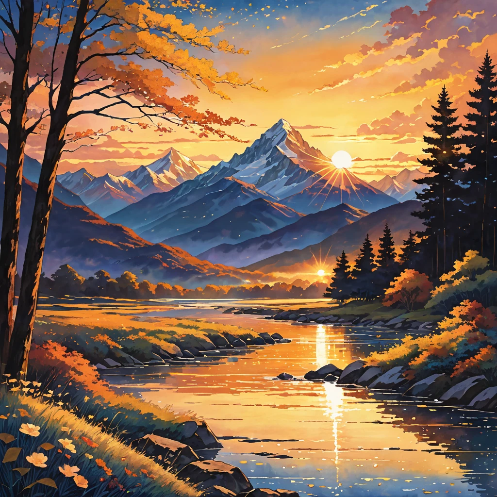 A serene and uplifting scene of a sunrise over majestic mountains. The sky is filled with warm, golden hues, and the first light of dawn reflects in the eyes of a couple standing together, embodying warmth and love that never fades. The scene is tranquil, with a gentle breeze rustling through the trees. The mountains reach towards the sky, symbolizing dreams that soar, while a clear stream flows peacefully, representing the washing away of pain. Stars still faintly visible in the dawn sky hint at an endless night filled with bright hopes. The overall mood is one of freedom, love, and the beauty of nature