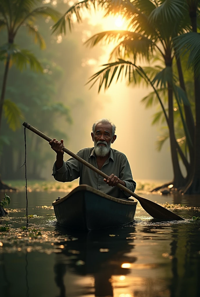 ( photo realism 1.2) photo realistic high detailed old Malay male at mangrove swamp paddling dugout canoe cinematic view dramatic view morning mode fogs effect  pandanus tree sunlight effect  view of  black water lepironia articulate pandanus helicopus 