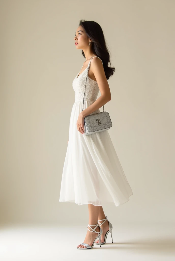 White dress with silver heels and handBag
