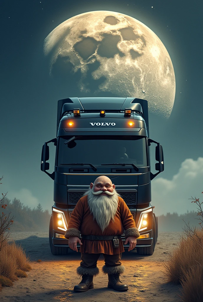 A dwarf, behind him a Volvo 2024 truck, around the moon and the planet Jupiter
