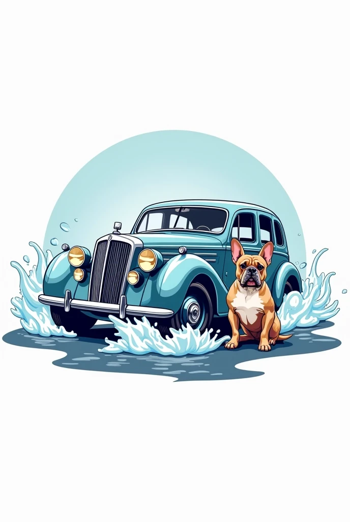 Create a formal logo for a car wash, using a car with foam and water and a black French bulldog sitting on the side of the car