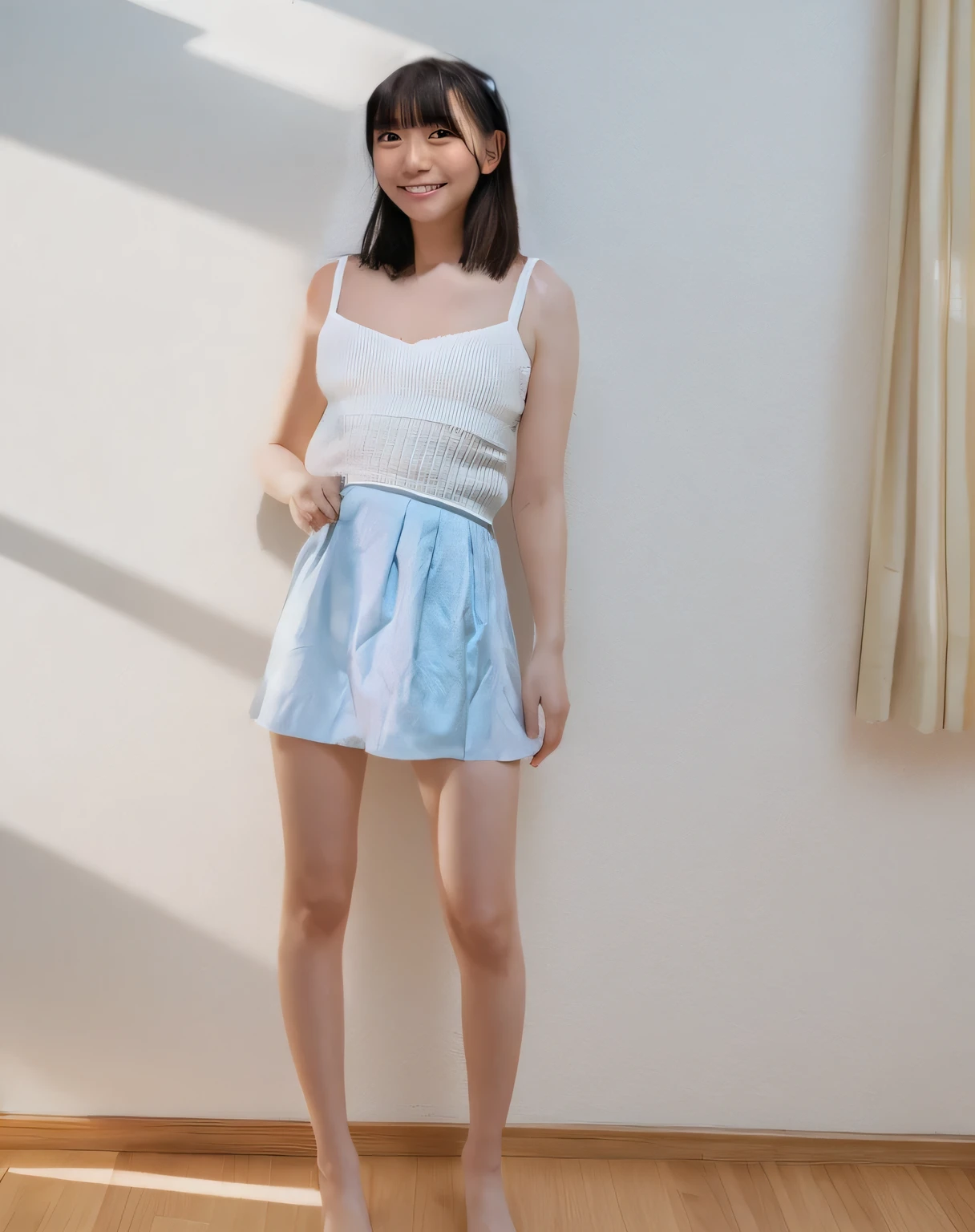 Super detailed,Highest quality,1 female,Standing in a room with white walls, looking at you.,illuminated by sunlight from the window,Posing for a photo,The background is blurred