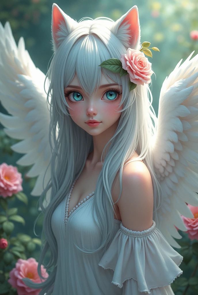 A wolf demi with gray-white hair, blue eyes, white wings and a rose in her hair and rose bushes in the background