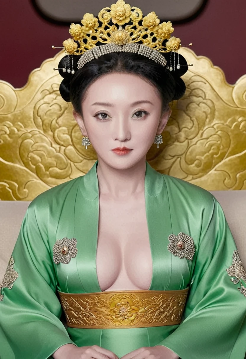 From the pre-Qing period, The Empress is naked on the gold sofa in the palace, Her eyes are wide open, Her legs were spread, big naked breasts. At the Chinese court during the Qing Dynasty, Empress of the Qing Dynasty, Empress of China, Wearing a large crown, Belly and thighs visible from below.。She is completely naked, Showing off gorgeous large flowers and hairpins, She tied her hair up and pulled it up, 背景はEmpress of the Qing Dynastyの豪華な宮殿.