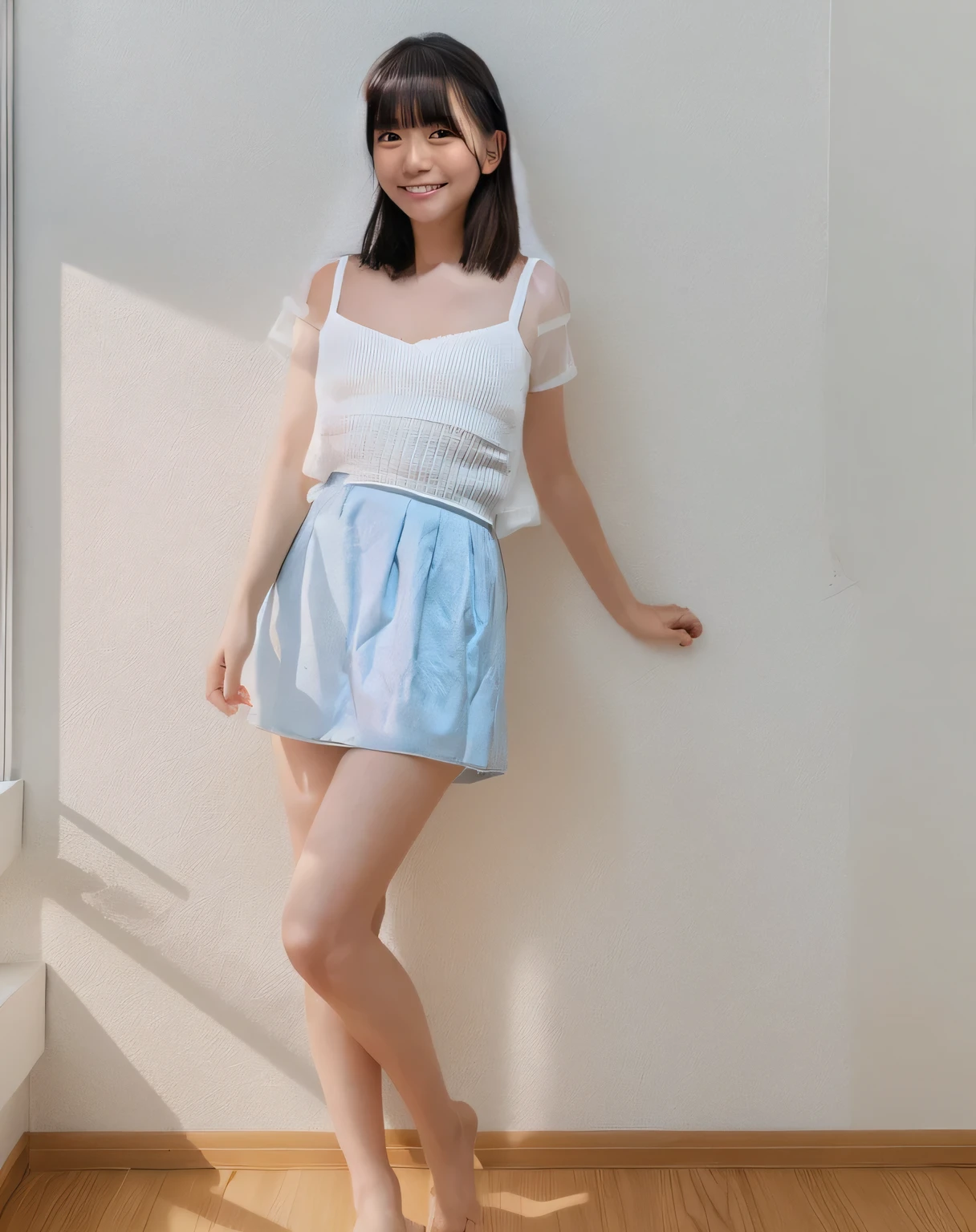 Super detailed,Highest quality,1 female,Standing in a room with white walls, looking at you.,illuminated by sunlight from the window,Posing for a photo,The background is blurred
