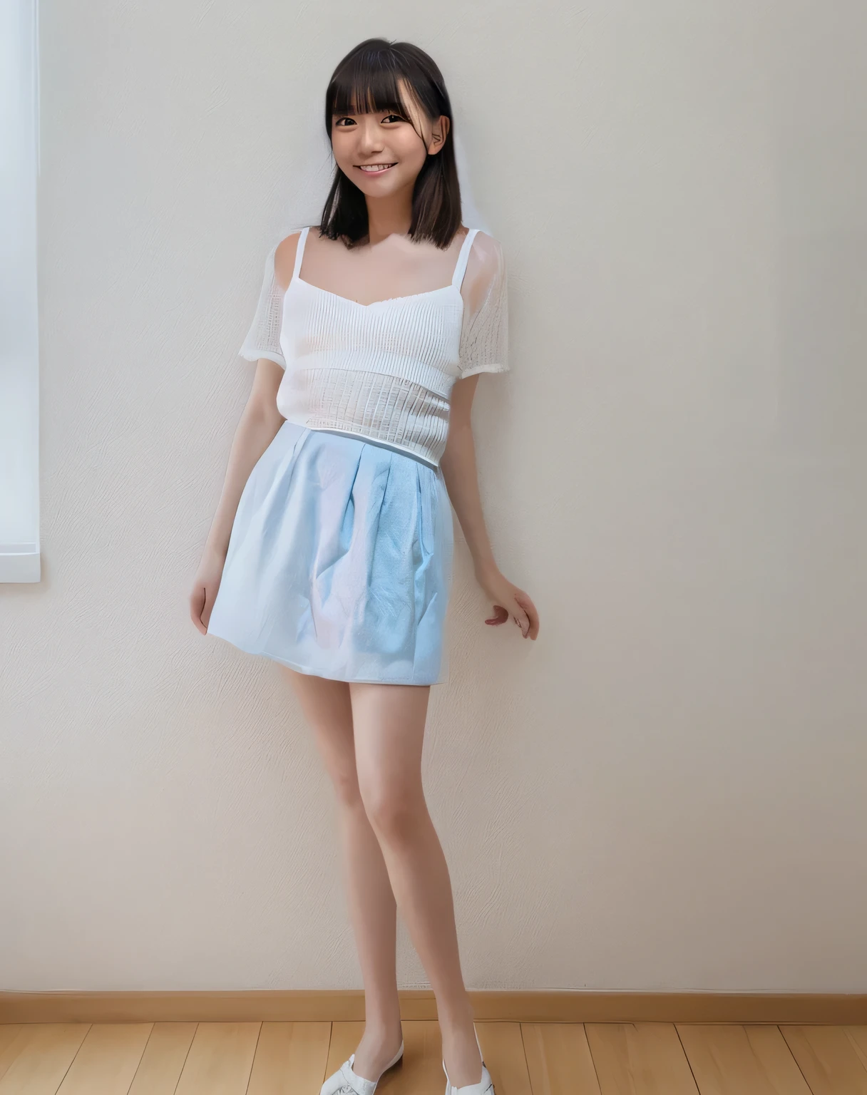 Super detailed,Highest quality,1 female,Standing in a room with white walls, looking at you.,illuminated by sunlight from the window,Posing for a photo,The background is blurred