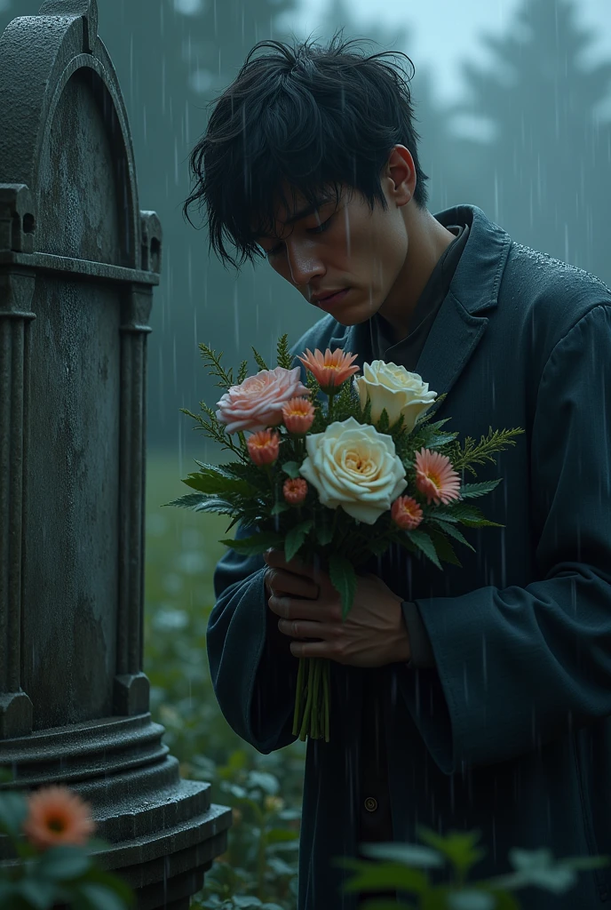 A man is crying over a girl's tombstone, on which the name 'monta' is inscribed. He holds a beautiful bouquet of flowers, and the weather is rainy.