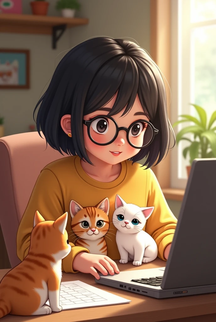 a girl, chubby, with short dark hair. with white skin and who wears glasses and works as a Graphic Designer and with her caramel dog and her three kittens and a dog nearby, the three cats are, one white, one orange and another striped