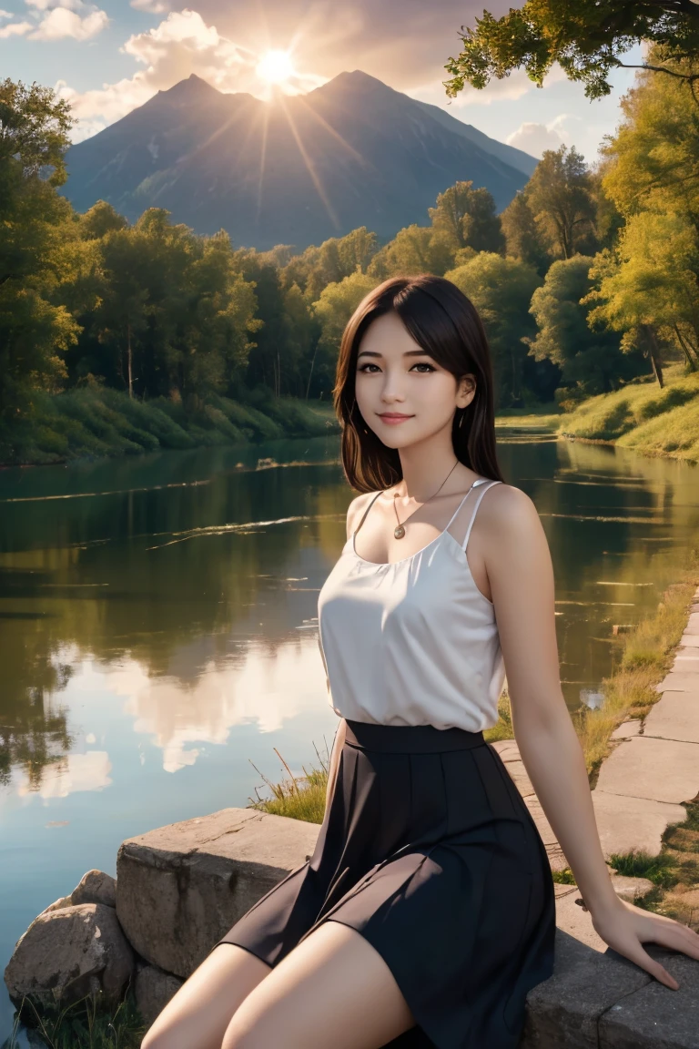 1 girl, happy expression, charming eyes, straight long hair, flowing skirt, big, looking at the sun, calm posture, porcelain-like skin, subtle blush, crystal pendant BREAK Golden Hour, (edge lighting): 1.2, cool colors, sun flare, soft shadows, bright colors, painting effects, fantastic atmosphere BREAK Scenic lakes, distant mountains, pine trees, mountain tops, reflections, sunlit clouds, tranquil atmosphere, idyllic sunrise, Ultra detailed, official art, unified 8k wallpapers, zentangle, mandala