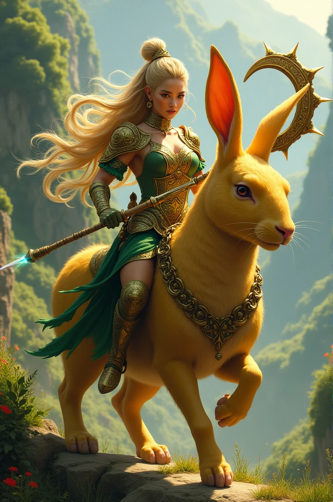 A Thai female warrior with long golden hair, wearing green and gold armor, a chain with a sickle as a weapon, riding a large golden rabbit.