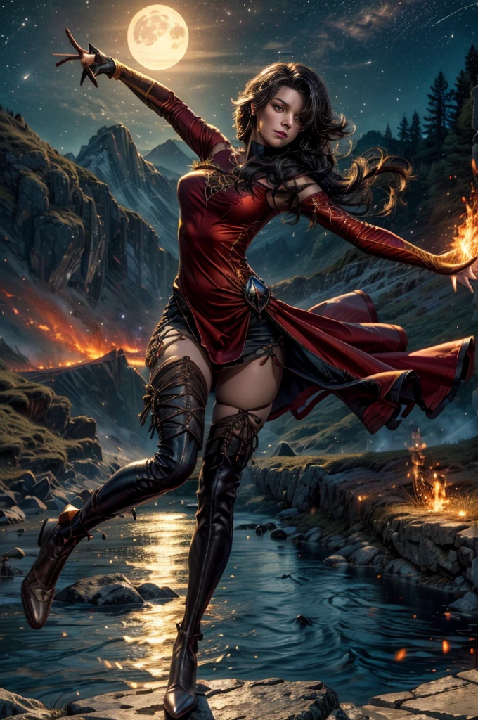 (masterpiece, best quality:1.2), cowboy shot, solo, 1girl, cinder fall, looking at viewer, long hair, red dress, elbow gloves, pantyhose, dynamic pose, holding flames, near village, on hillside, mountains in distance, waterfall, crowd, night, stars, moon (volumetric lighting), sharp focus, hyper detailed 