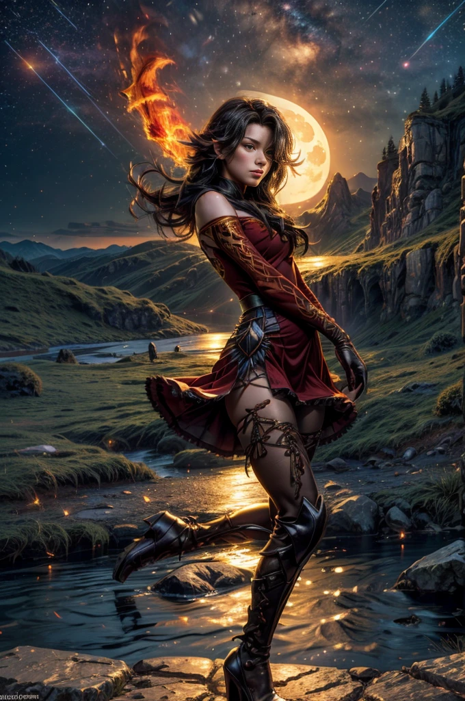 (masterpiece, best quality:1.2), cowboy shot, solo, 1girl, cinder fall, looking at viewer, long hair, red dress, elbow gloves, pantyhose, dynamic pose, holding flames, near village, on hillside, mountains in distance, waterfall, crowd, night, stars, moon (volumetric lighting), sharp focus, hyper detailed