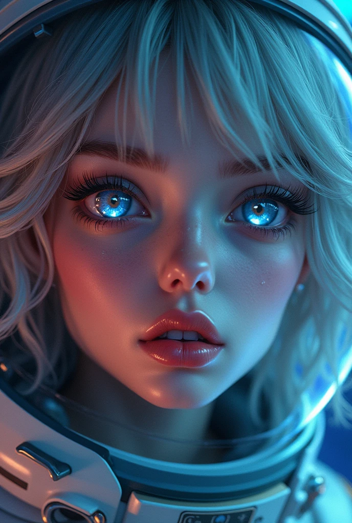 (Close-up of a better masterpiece: 1.5) 0.9], (Space and astronauts: 1.2) (Disheveled silver hair: 1.1) (Xanthochromia heterochromia and blue eyes: 1.2) (space helmet: 1.0) (colorful stars in the eyes: 1.0) (A radiant glow: 1.1) (thick lips: 0.9)
