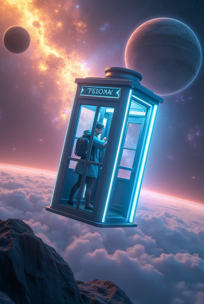 Há uma cabine telefônica flutuando no universe, planetes, Star dust, contrasting colours, yellow, purple, cerulean, poeiras do space, stele, Eye of God, rendered in keyshot, police station, futuristic cabins, cabine no estilo TRON LEGACY, cabin made of glass, transparent cabins, universe, space sideral, represented as a 3D rendering, 3D rendering beep, space, phone booths, TEDOMA written at the top of the cabin, promotional rendering, sci-fi magic highly detailed.