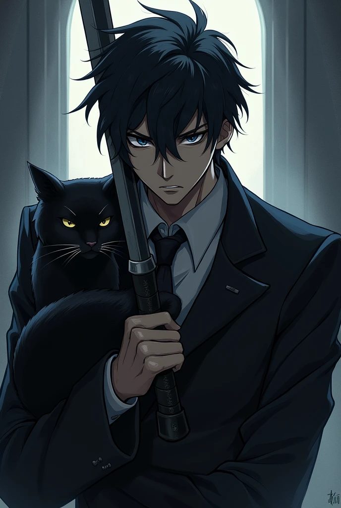A man with messy black hair, mature face, mole under his left eye, eyes with dark pupils (completely) wearing a black suit, he uses a sword, and has a black cat. make anime style