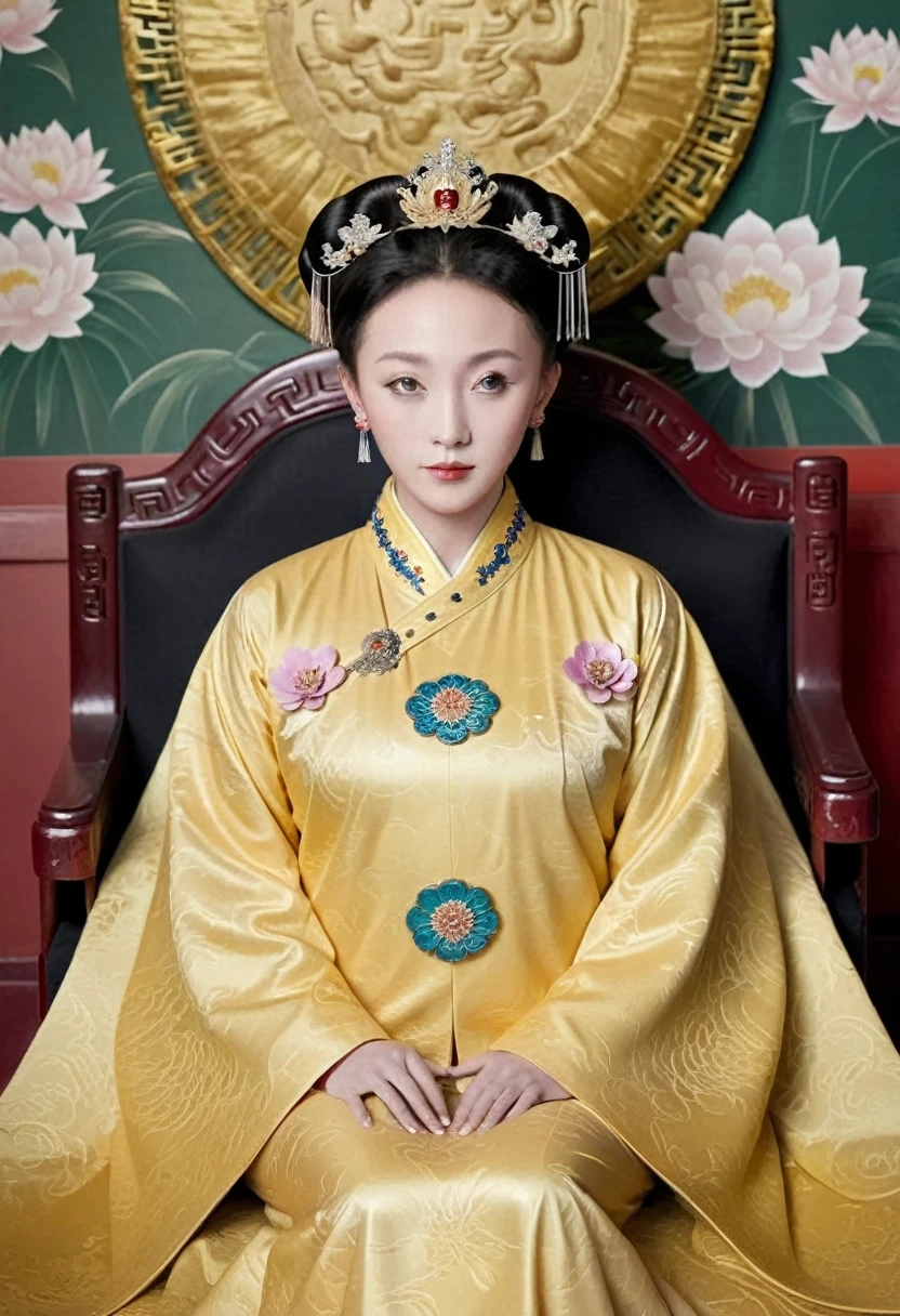 From the pre-Qing period, The Empress sits naked on a large golden sofa in the palace, Her legs were spread, At the Chinese court during the Qing Dynasty, Empress of the Qing Dynasty, Wearing the great crown of the Chinese Empress, Belly and thighs visible from below.。She is completely naked, Showing off gorgeous large flowers and hairpins, She tied her hair up and pulled it up, 背景はEmpress of the Qing Dynastyの豪華な宮殿.
